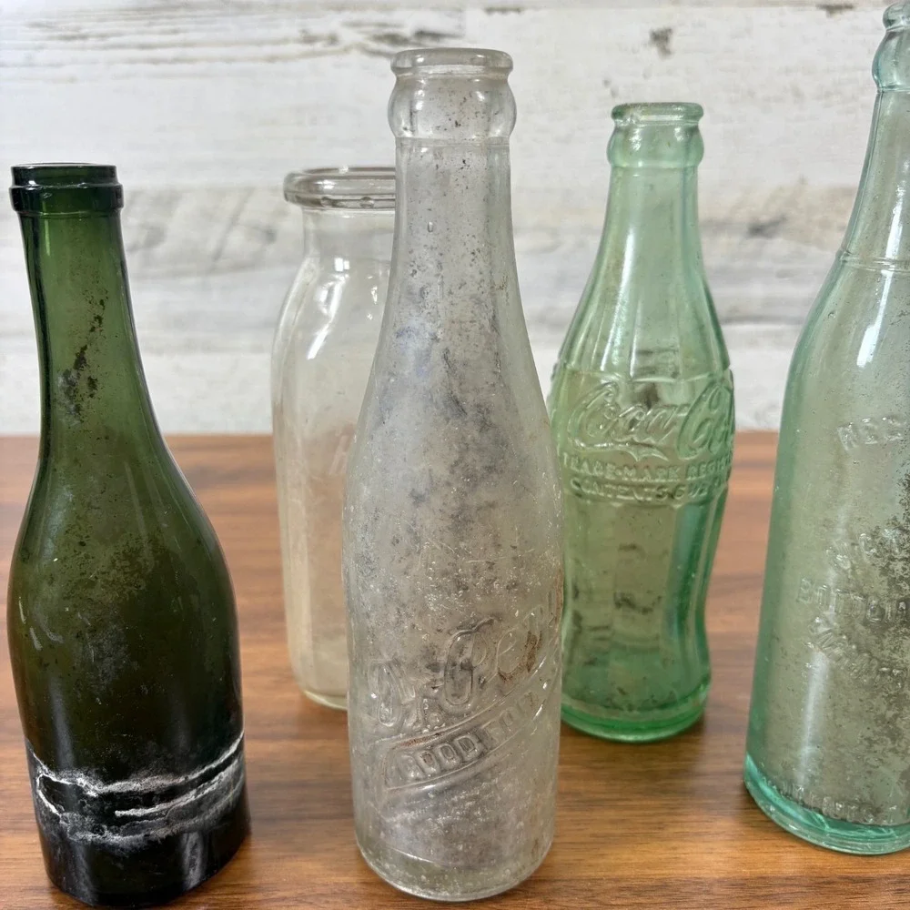 Antique Bottles Aqua, Coca Cola Glass, Dr. Pepper Late 1800's - 1930's  Lot Of 6